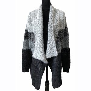 Doe & Rae Block Striped Fuzzy Gray Cardigan NWT